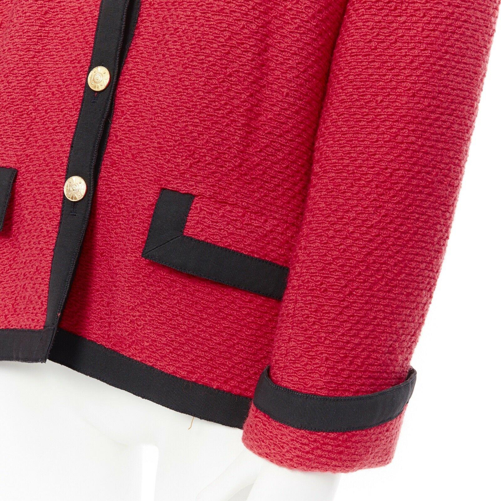 CHANEL 89A vintage red tweed boucle 4 pockets black trim button-up jacket FR42 1