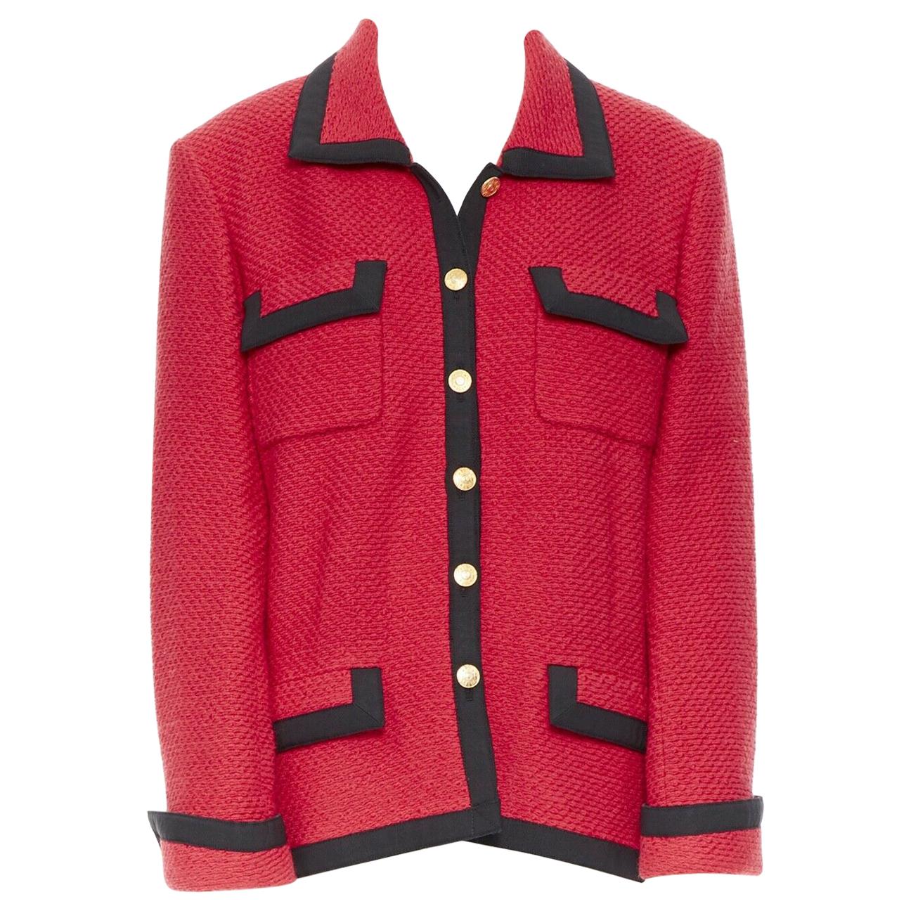 CHANEL 89A vintage red tweed boucle 4 pockets black trim button-up jacket  FR42 at 1stDibs