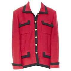 CHANEL 89A vintage red tweed boucle 4 pockets black trim button-up jacket FR42