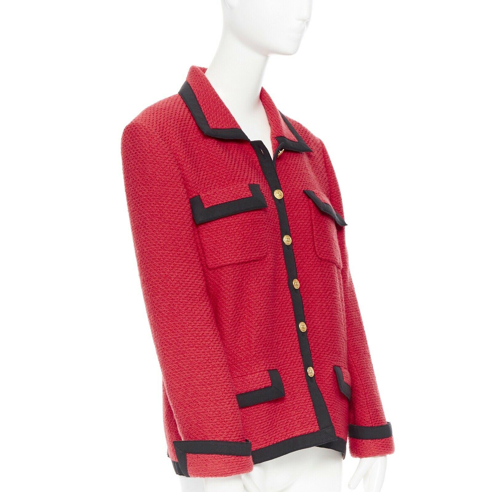 CHANEL 89A vintage red tweed boucle 4 pockets black trim button-up jacket FR42
Brand: CHANEL
Designer: Karl Lagerfeld
Collection: 89A
Model Name / Style: Tweed jacket
Material: Other; composition label removed. Feels like wool.
Color: Red; Vermilion