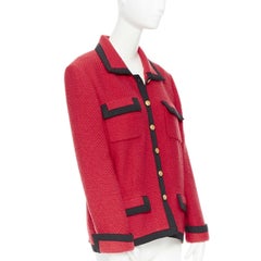 CHANEL 89A vintage red tweed boucle 4 pockets black trim button-up jacket FR42