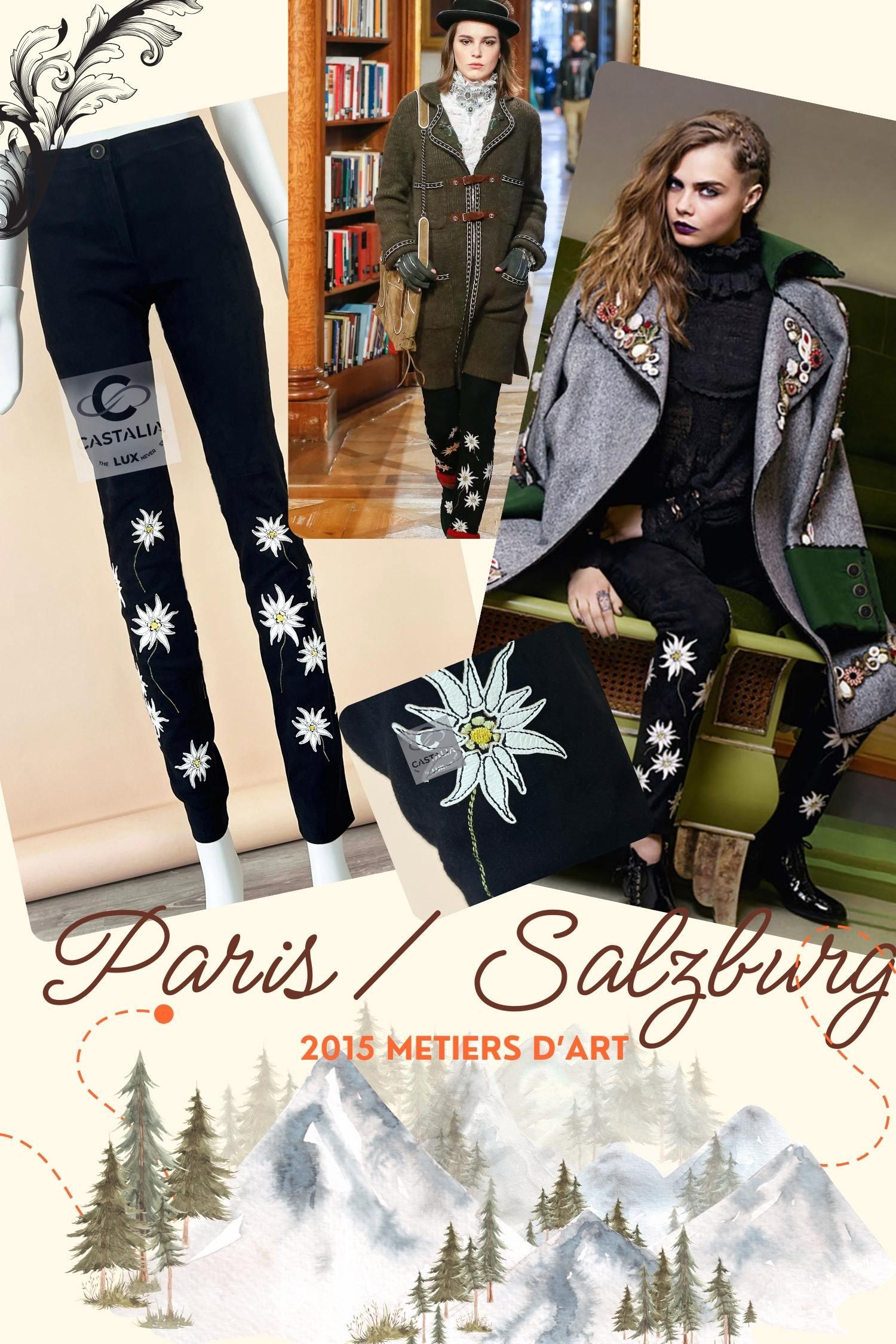 Rarissimi leggings Chanel in pelle scamosciata nera con applicazione Edelweiss in pelle: dalla Campaigner della collezione fairy Paris / SALZBURG, 2015 Metiers d'Art Collection
Taglia 36 FR / Condit: mai indossato
- Come visto su Cara Delevingne