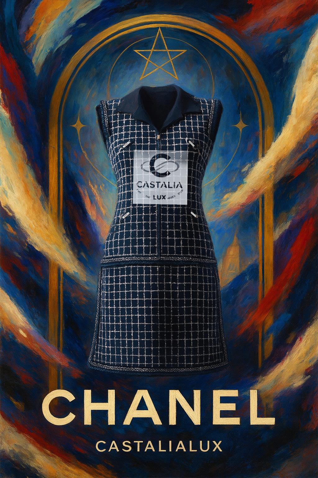 ~ Un lienzo de arte ponible, 
este vestido de tweed azul marino de la Colección Primavera 2014 