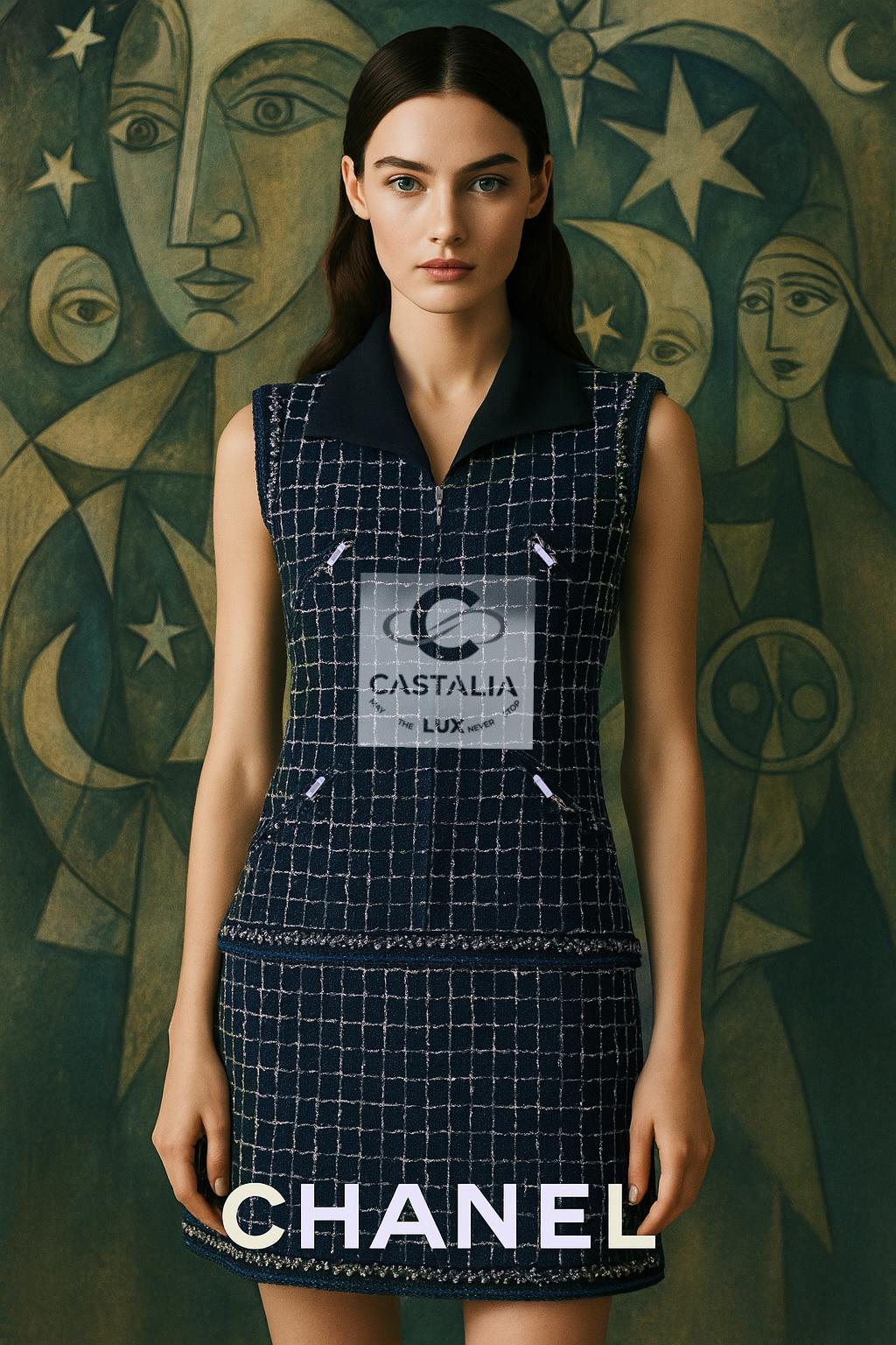 Vestido de tweed azul marino Chanel 8K$ Wearable Art 36 FR Negro en venta