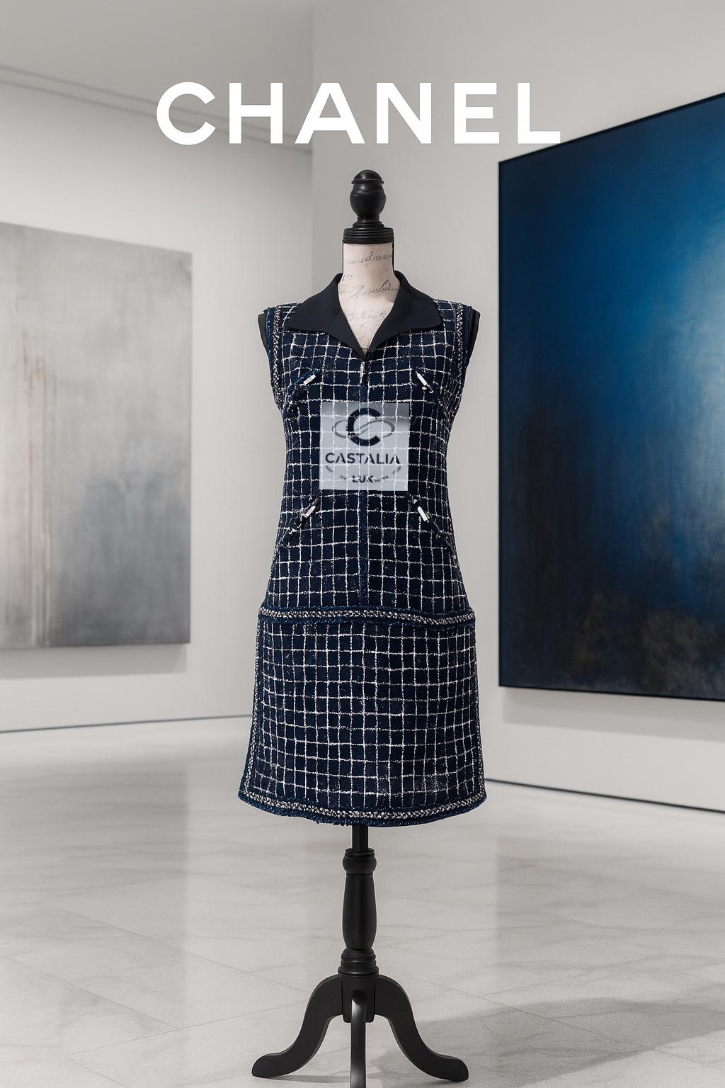 Vestido de tweed azul marino Chanel 8K$ Wearable Art 36 FR en Nuevo estado para la venta en Dubai, AE