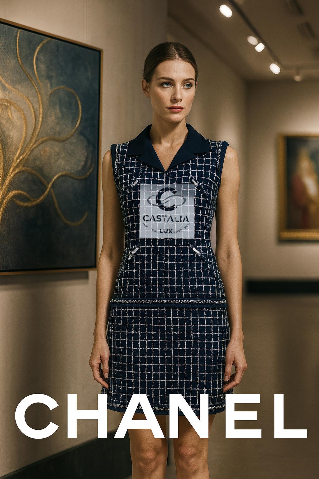 Femenino o masculino Vestido de tweed azul marino Chanel 8K$ Wearable Art 36 FR en venta