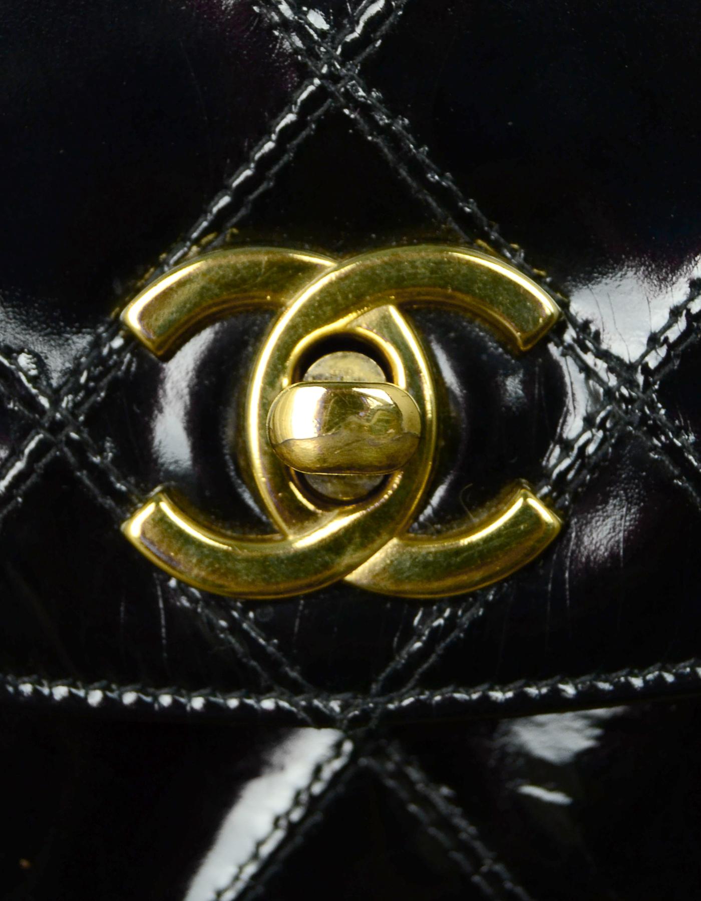 Chanel '90 Vintage Black Patent Quilted CC Twistlock Belt Bag sz 26