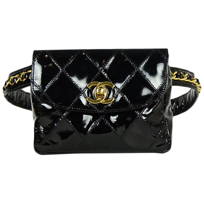 Chanel '90 Vintage Black Patent Quilted CC Twistlock Belt Bag sz 26"-28"