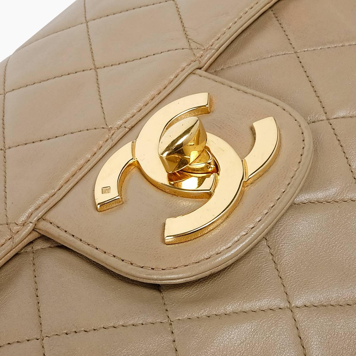 Chanel Soft Beige Leather Lambskin Single Flap Jumbo Bag, 1990s For Sale 1
