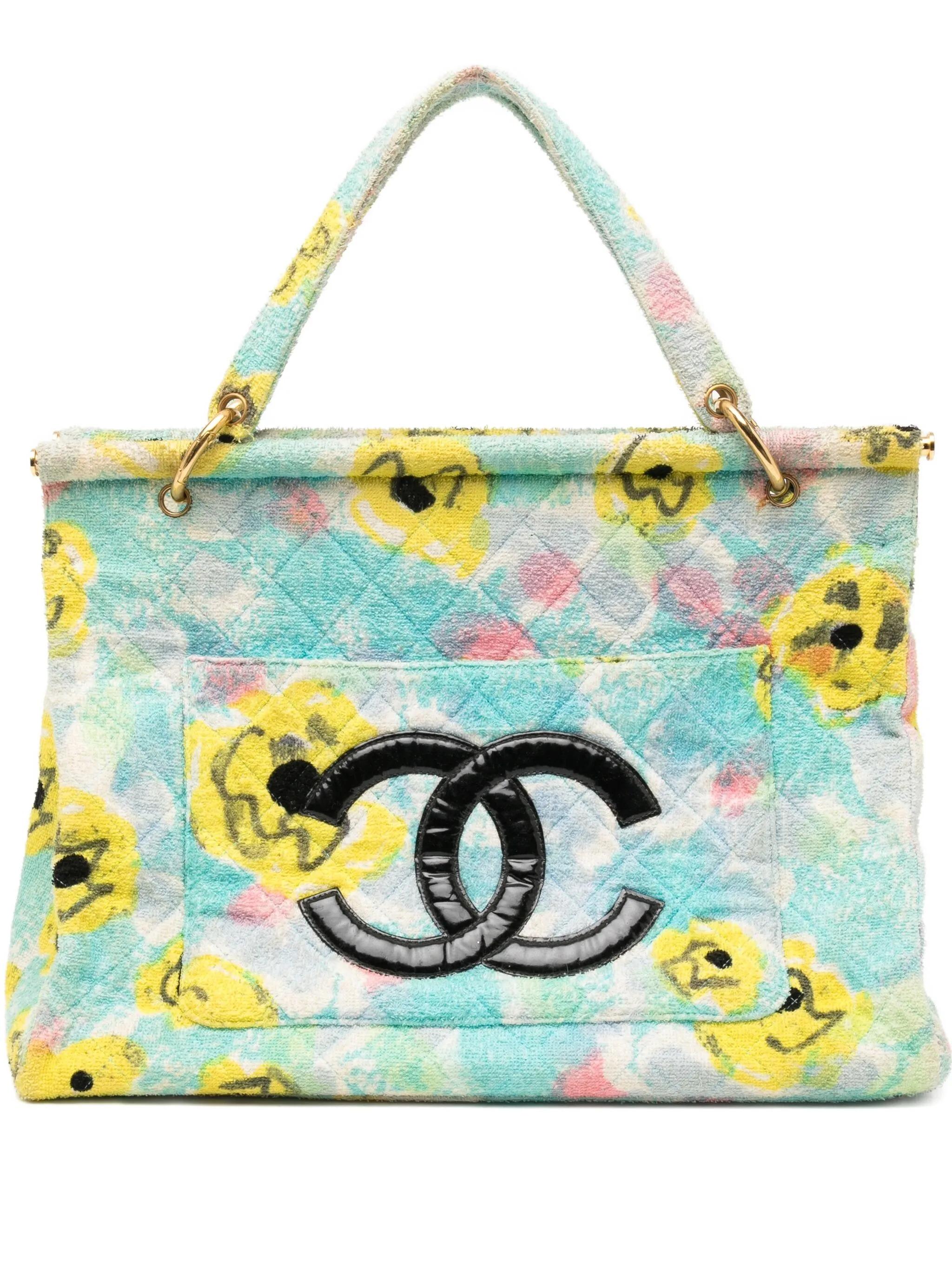 Femenino o masculino Chanel 90s 1996 Barbie Multicolor Aqua Azul Amarillo Floral Toalla Grande Bolso Tote en venta