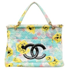 Chanel 90s 1996 Barbie Multicolor Aqua Blue Yellow Floral Towel Large Tote Bag