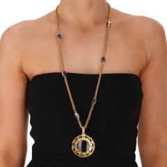 Chanel 90's 24k Gold Plated 'CC' Logo Magnifying Glass & Lapis Lazuli Necklace