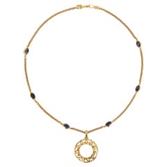 Chanel 90's 24k Gold Plated 'CC' Logo Magnifying Glass & Lapis Lazuli Necklace