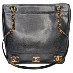 Chanel 90s Black Caviar Triple CC Shopping Tote