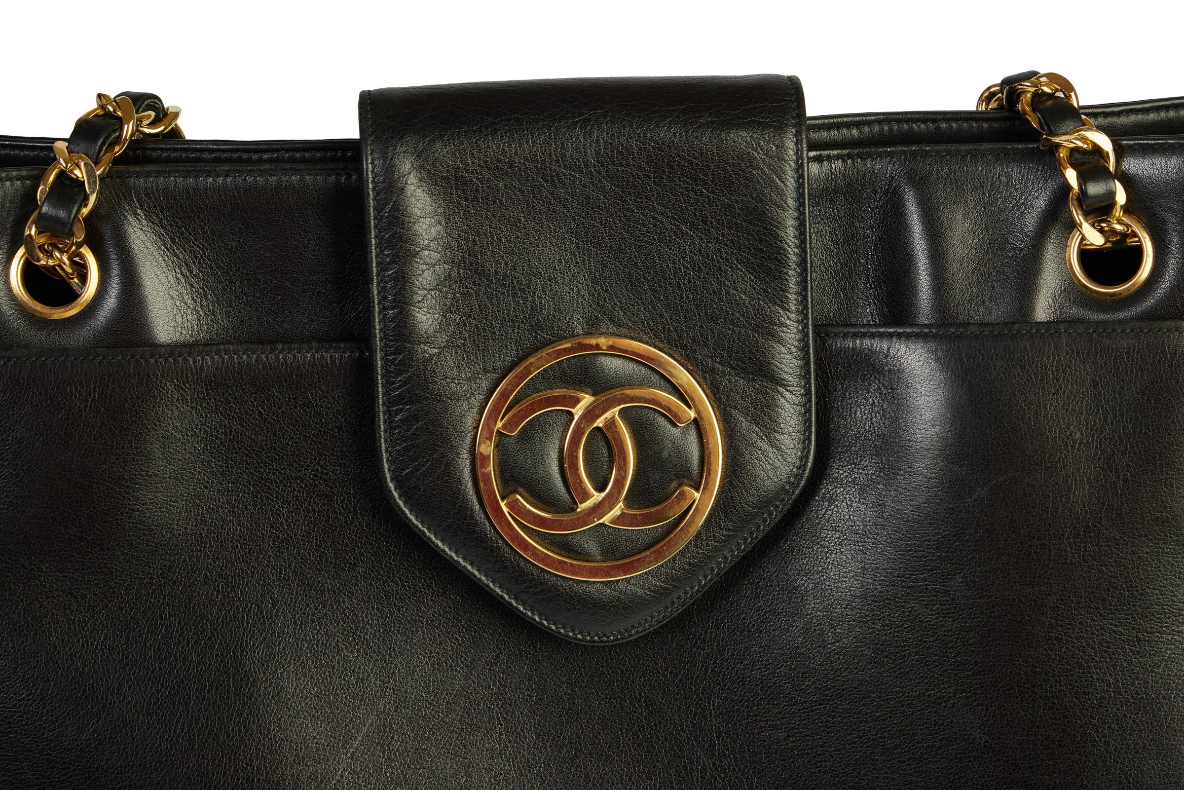 Chanel 90s Black Large Vintage Leather Shoulder Bag 1