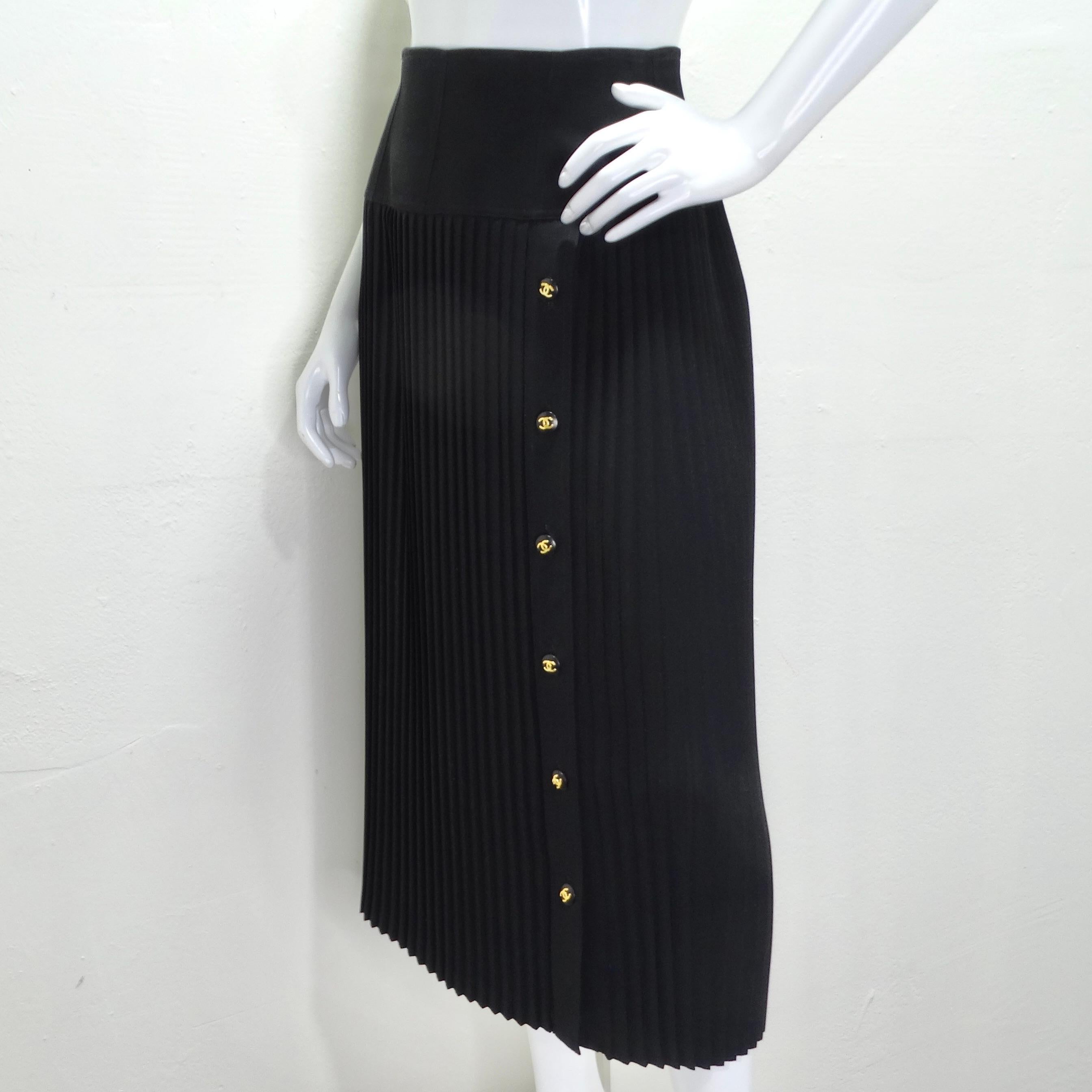 Chanel 90s Black Pleated Midi Skirt For Sale 4