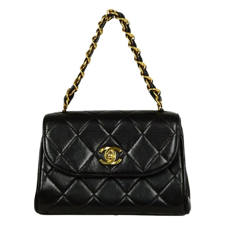 Chanel '90s Black Vintage Quilted Mini Flap Bag with Leather Laced Handle
