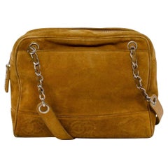Vintage Chanel 90s Brown Suede Front Logo Chain Shoulder Bag