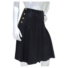 Vintage Chanel 90s CC Button Black Pleated Midi Skirt