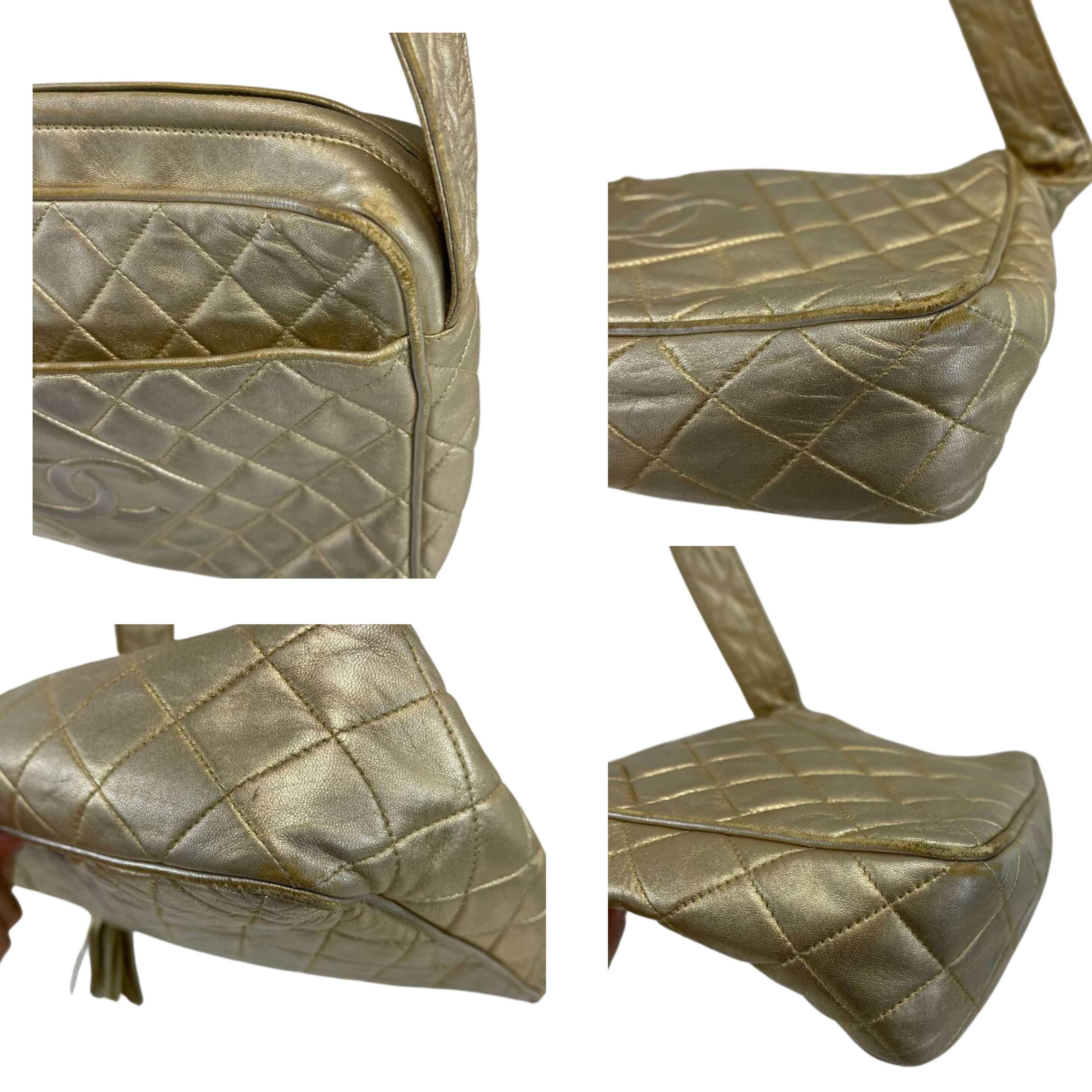 CHANEL - 90's CC Gold Leather Vintage Crossbody /Shoulder Bag W/ Tassel 12