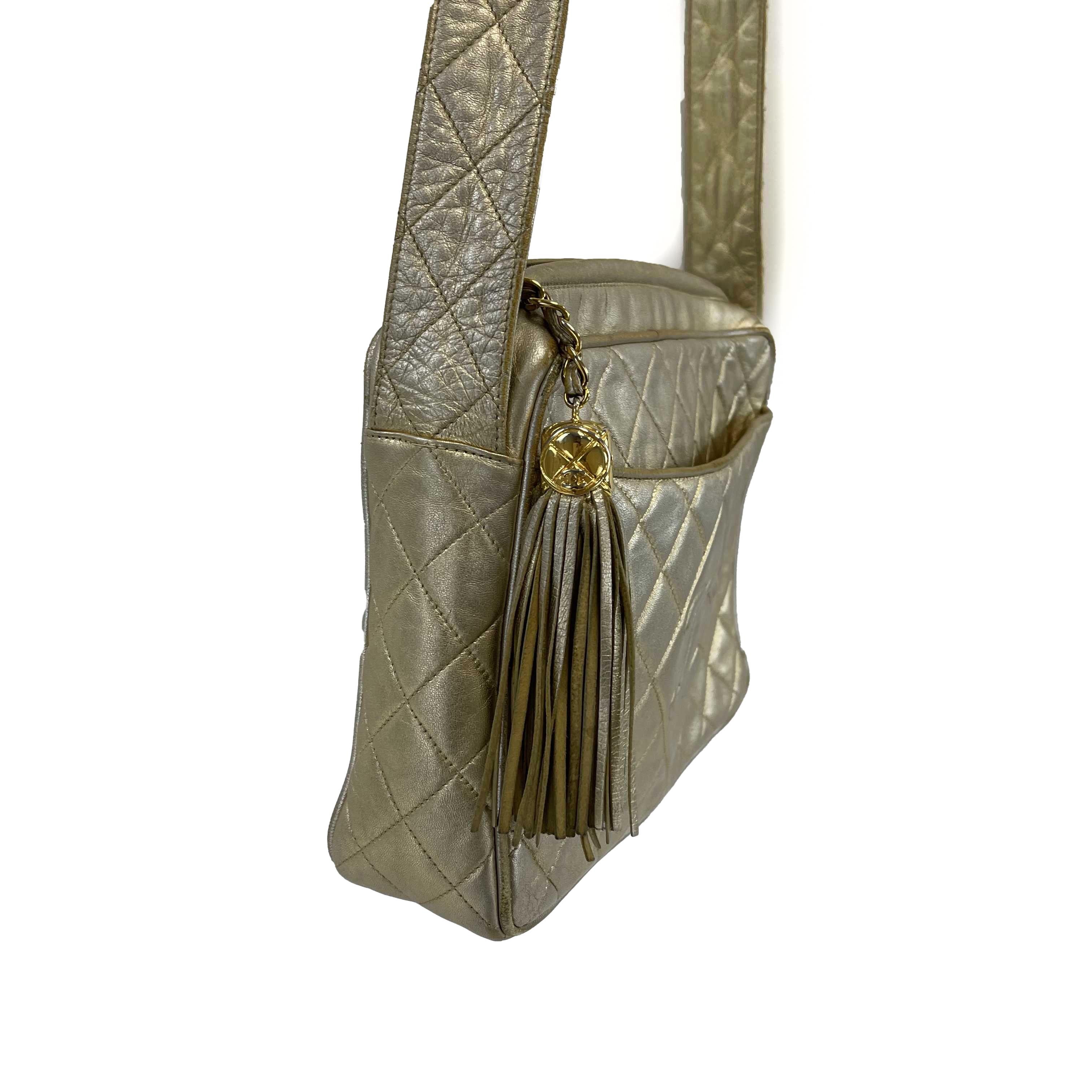 CHANEL - 90's CC Gold Leather Vintage Crossbody /Shoulder Bag W/ Tassel 1