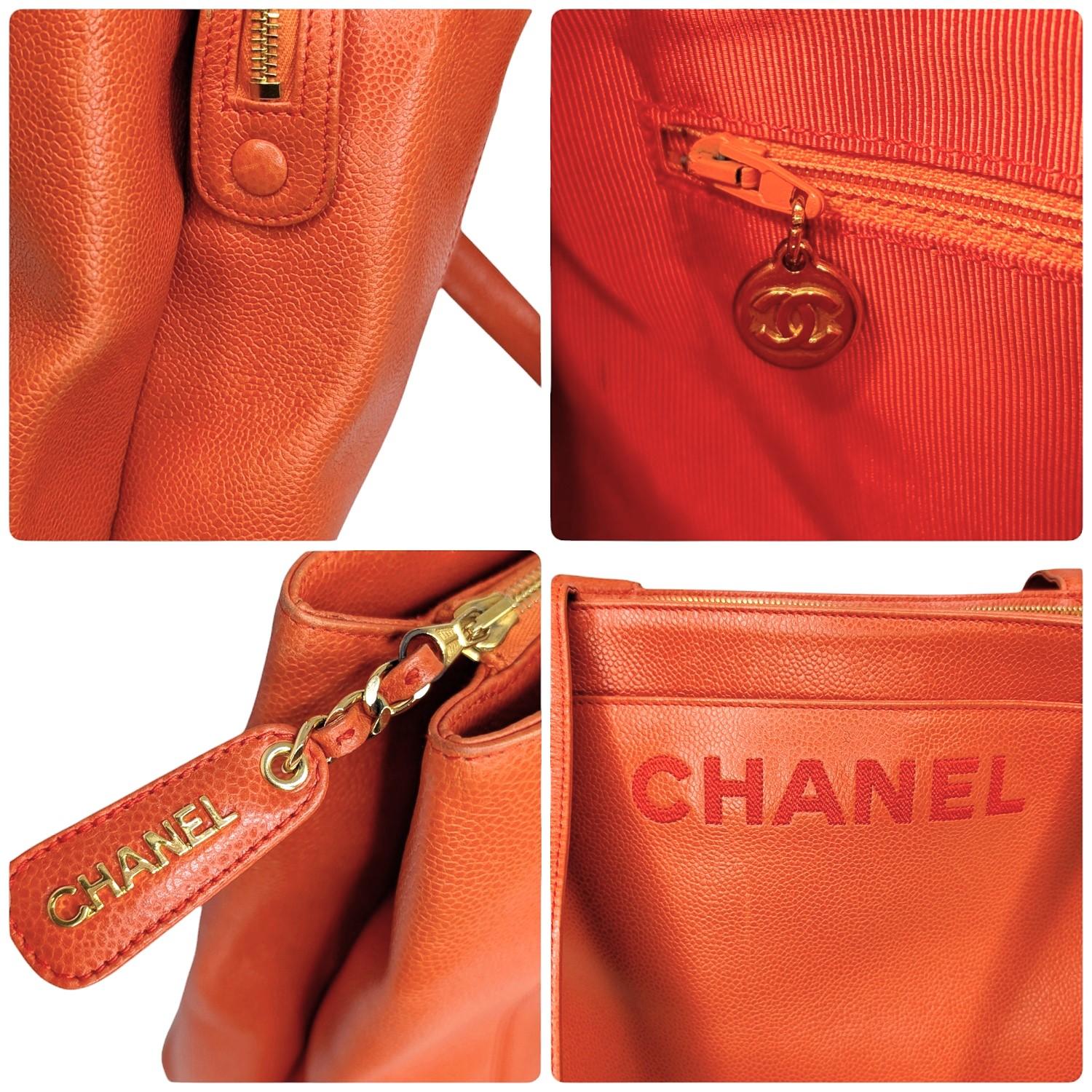 Chanel 90s Orange Caviar Embroidered Logo Shopper Tote For Sale 6