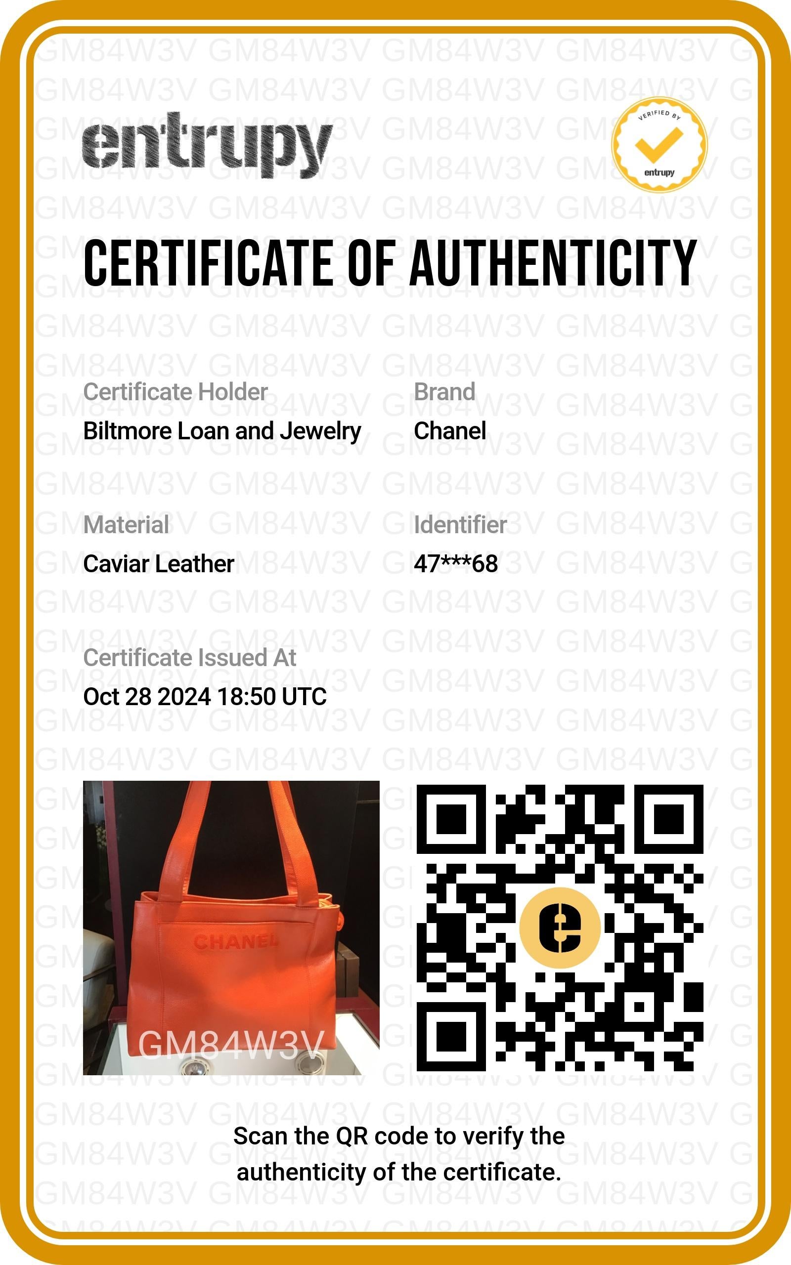 Chanel 90s Orange Caviar Embroidered Logo Shopper Tote For Sale 7