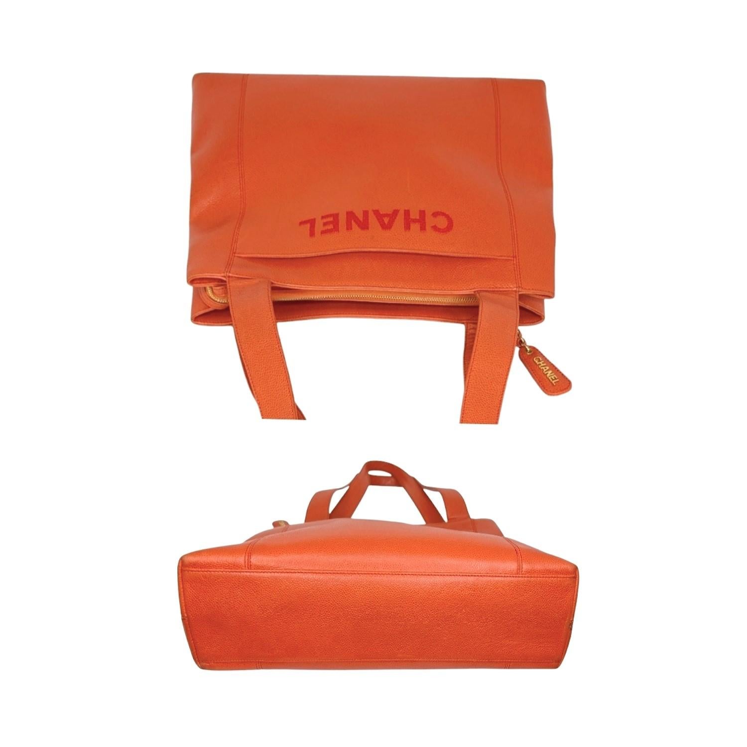 Chanel 90s Orange Caviar Embroidered Logo Shopper Tote For Sale 1