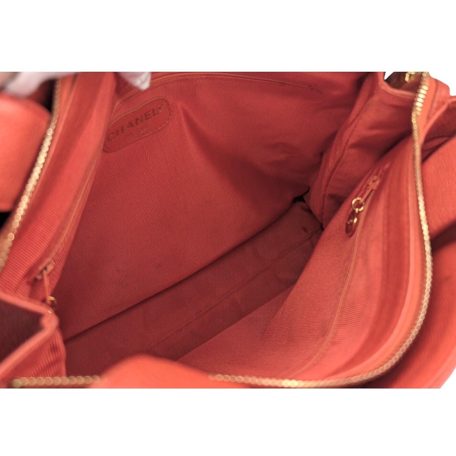 Chanel 90s Orange Caviar Embroidered Logo Shopper Tote For Sale 3