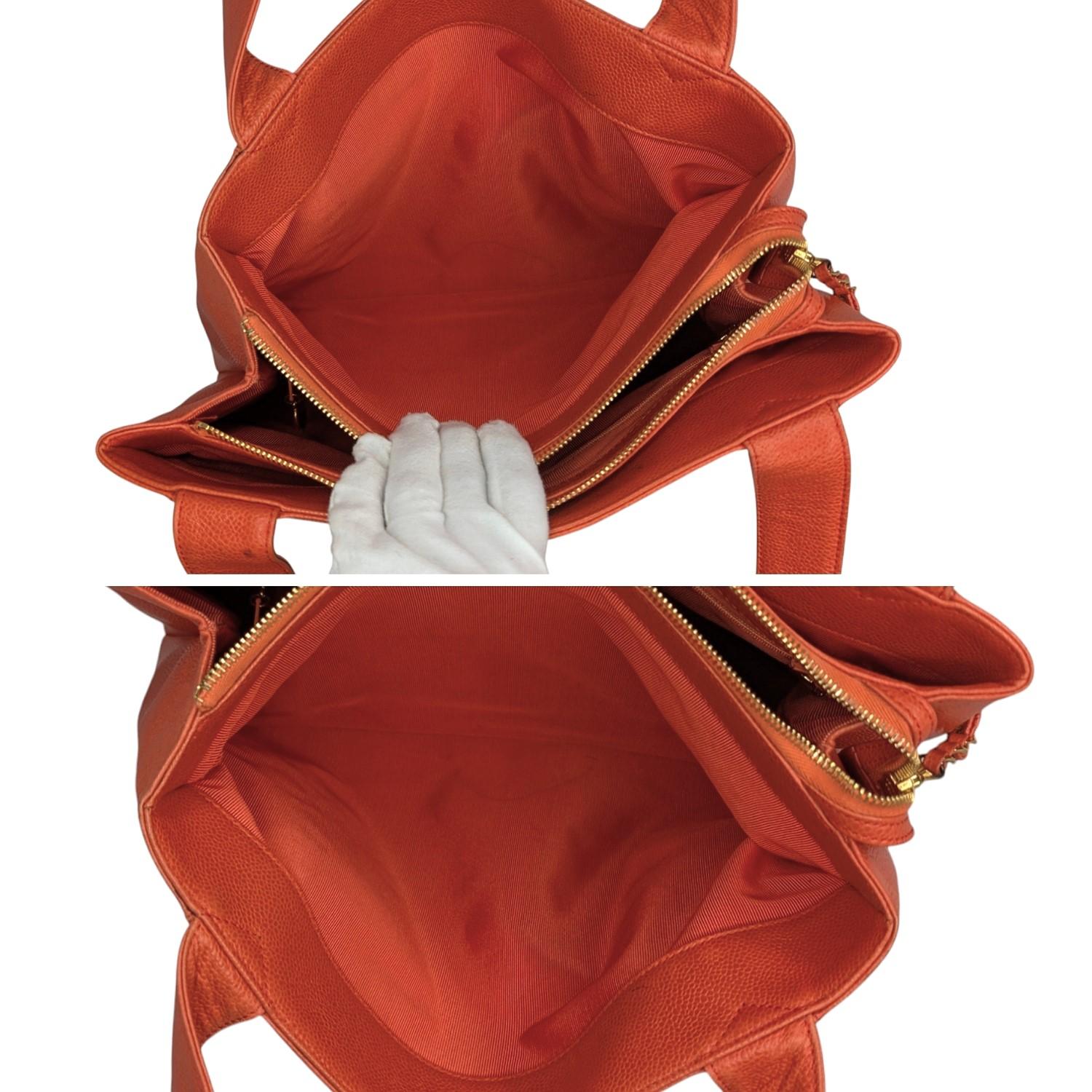 Chanel 90s Orange Caviar Embroidered Logo Shopper Tote For Sale 4