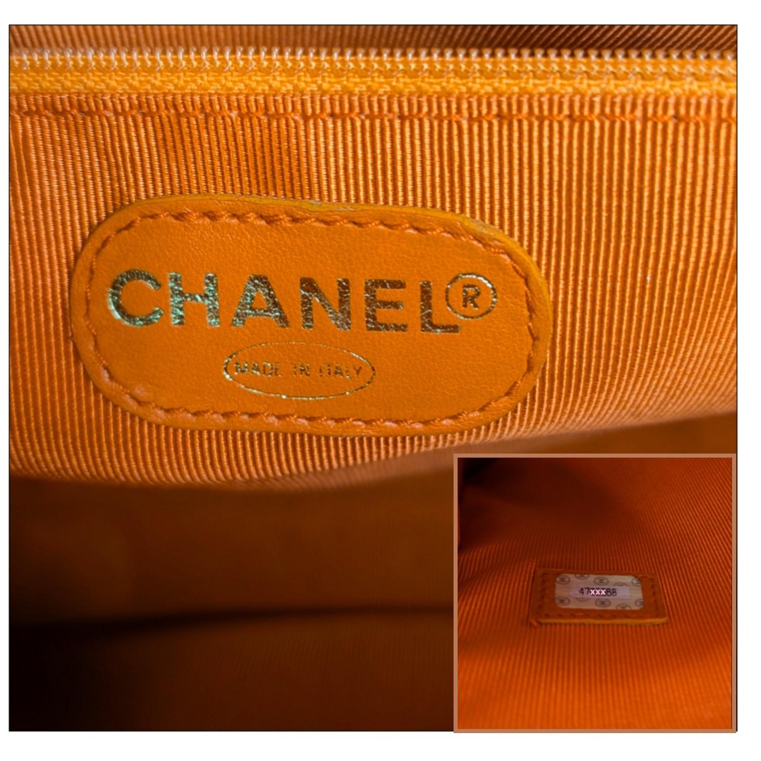 Chanel 90s Orange Caviar Embroidered Logo Shopper Tote For Sale 5