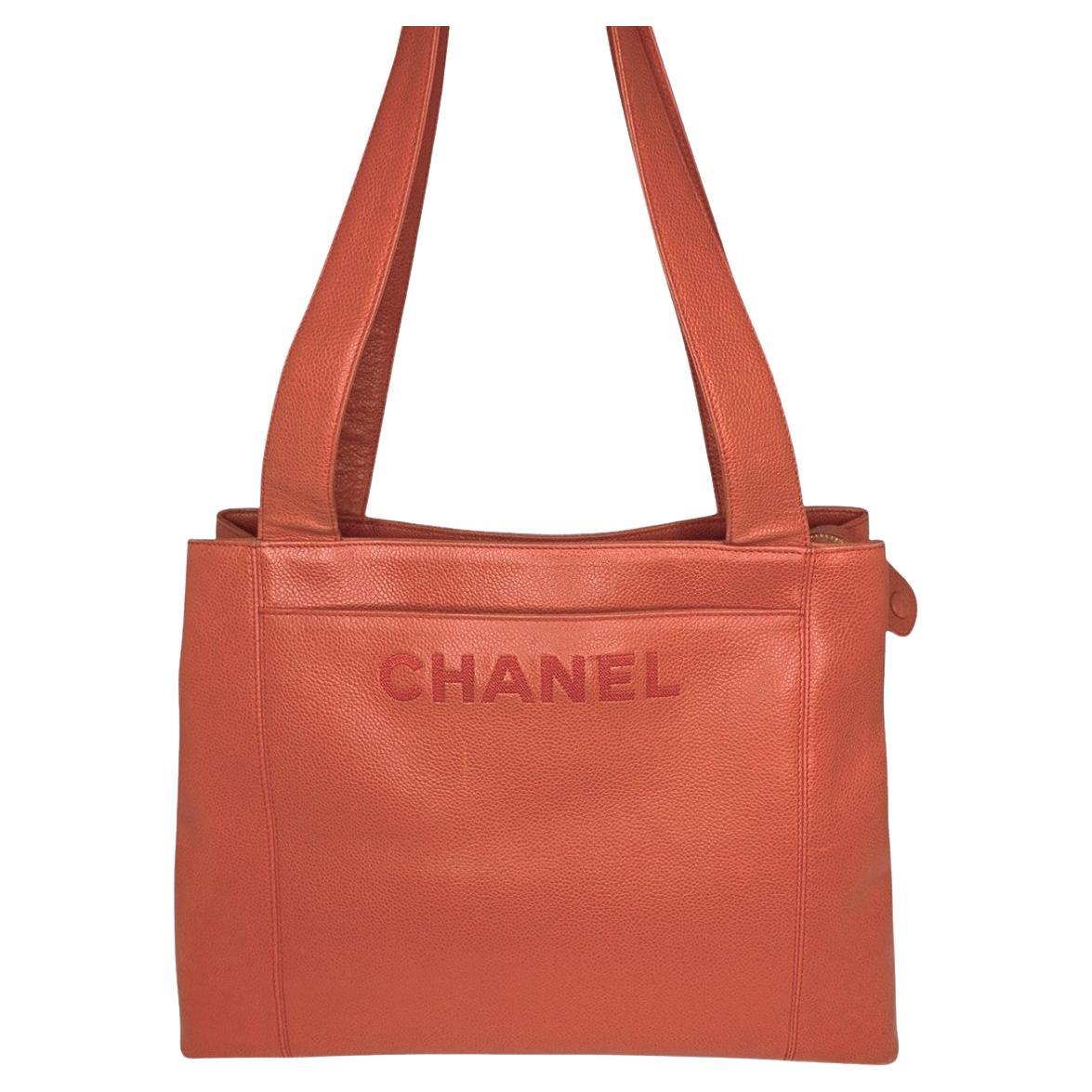 Chanel 90s Orange Caviar Embroidered Logo Shopper Tote For Sale