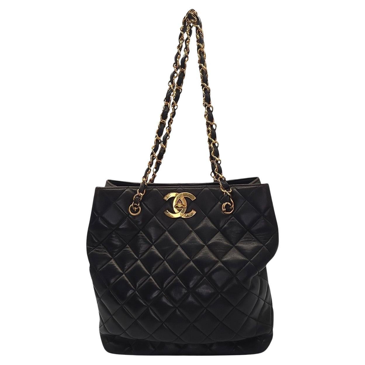 Chanel 90s Quilted Lambskin Oversize CC Shopping Tote For Sale