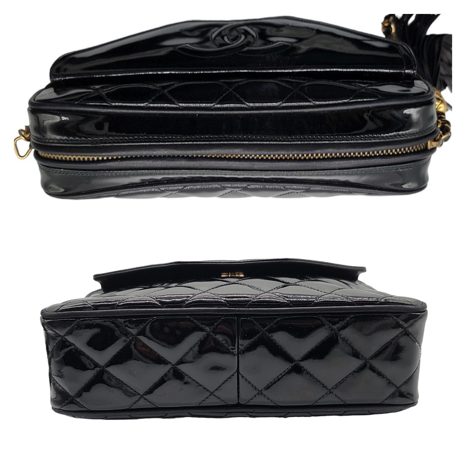 Chanel 90s Quilted Patent Timeless Camera Tassel Crossbody For Sale 2