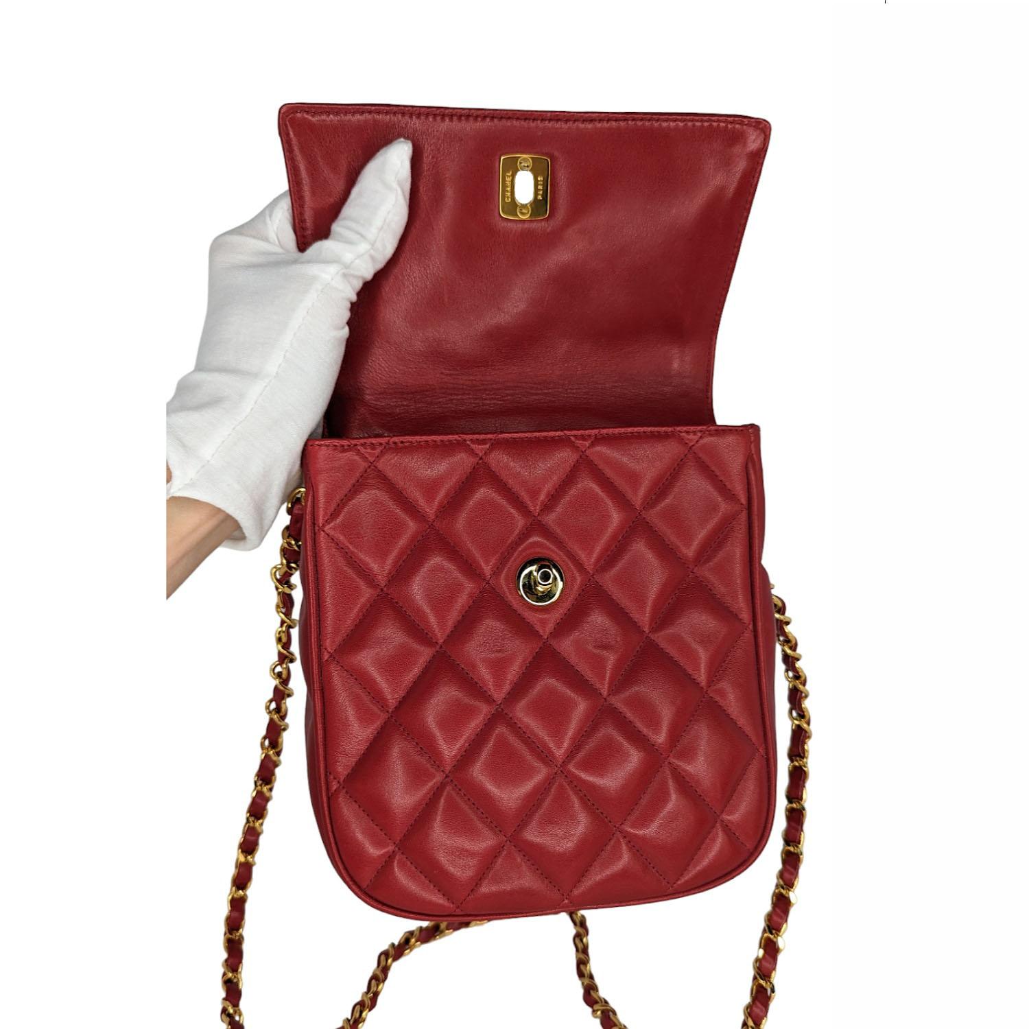 Chanel 90s Red Lambskin Quilted Mini CC Flap Messenger For Sale 2