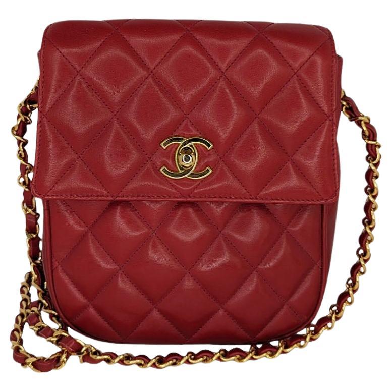 Chanel 90s Red Lambskin Quilted Mini CC Flap Messenger For Sale