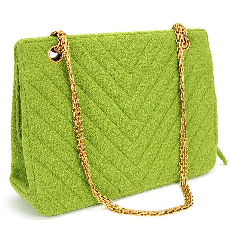Chanel 90's Vintage 1990's Tweed Chevron Lime Green Classic