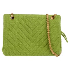 Chanel 90's Vintage 1990's Tweed Chevron Lime Green Classic Reissue Tote Bag