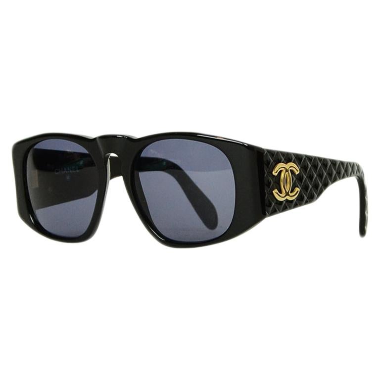 Chanel '90s Vintage Black Acetate Sunglasses w/ CC and Quilted Arms For