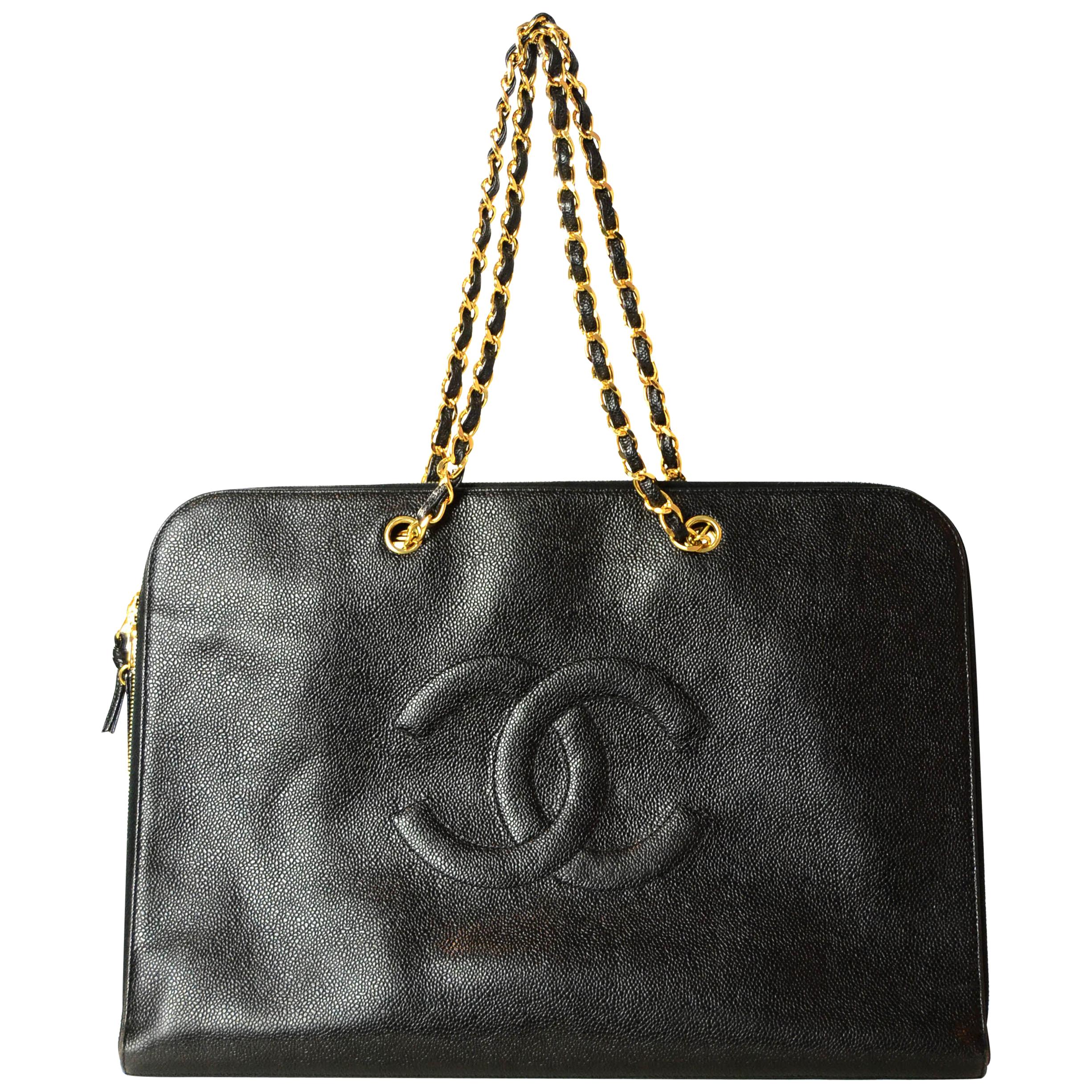Chanel '90s Vintage Black Caviar Leather CC Timeless Portfolio Tote Bag For  Sale at 1stDibs