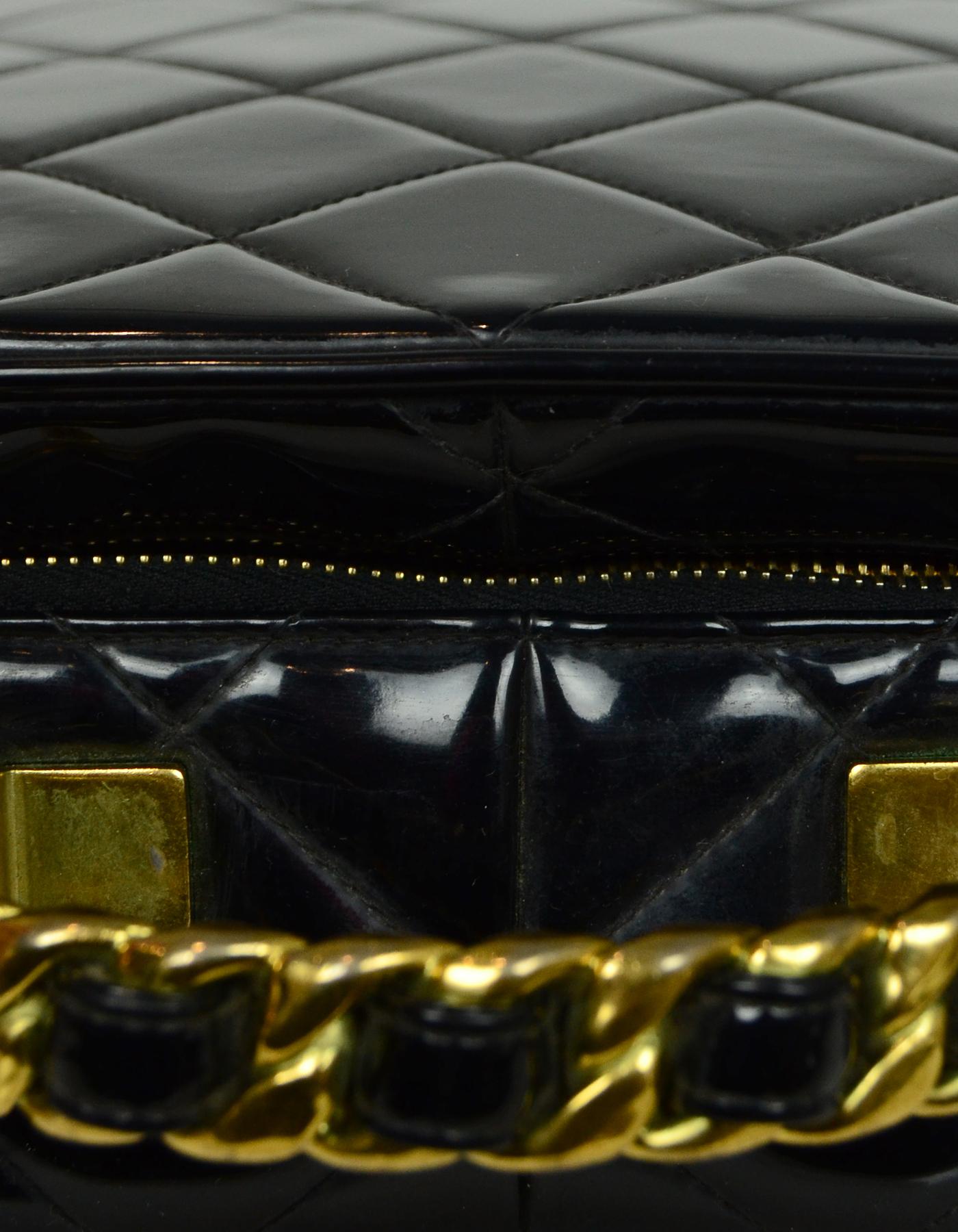 Women's Chanel '90s Vintage Black Patent Leather Quilted Zip Around Bag