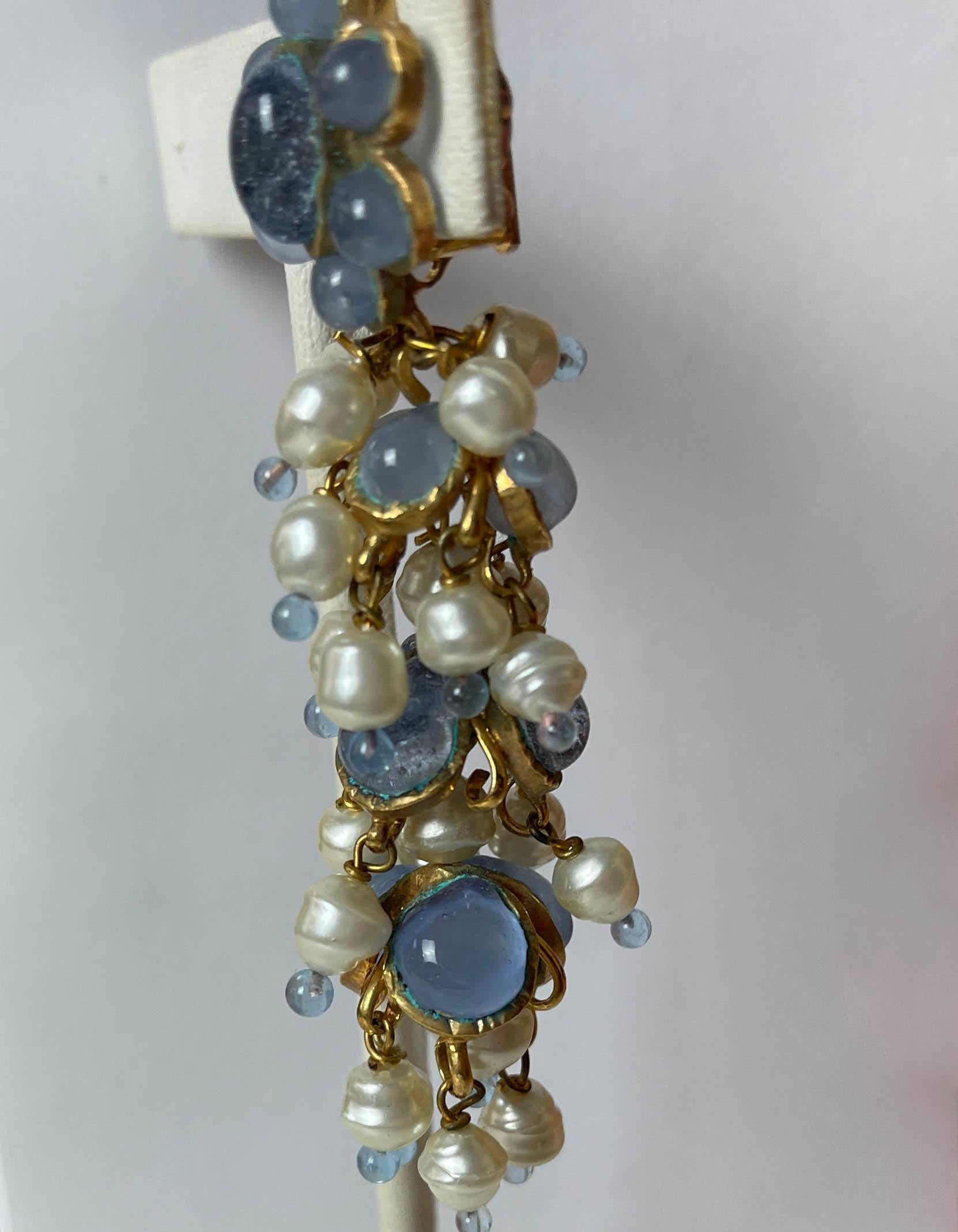 Chanel '90s Vintage Blue Gripoix & Faux Pearl Statement Earrings For Sale 2