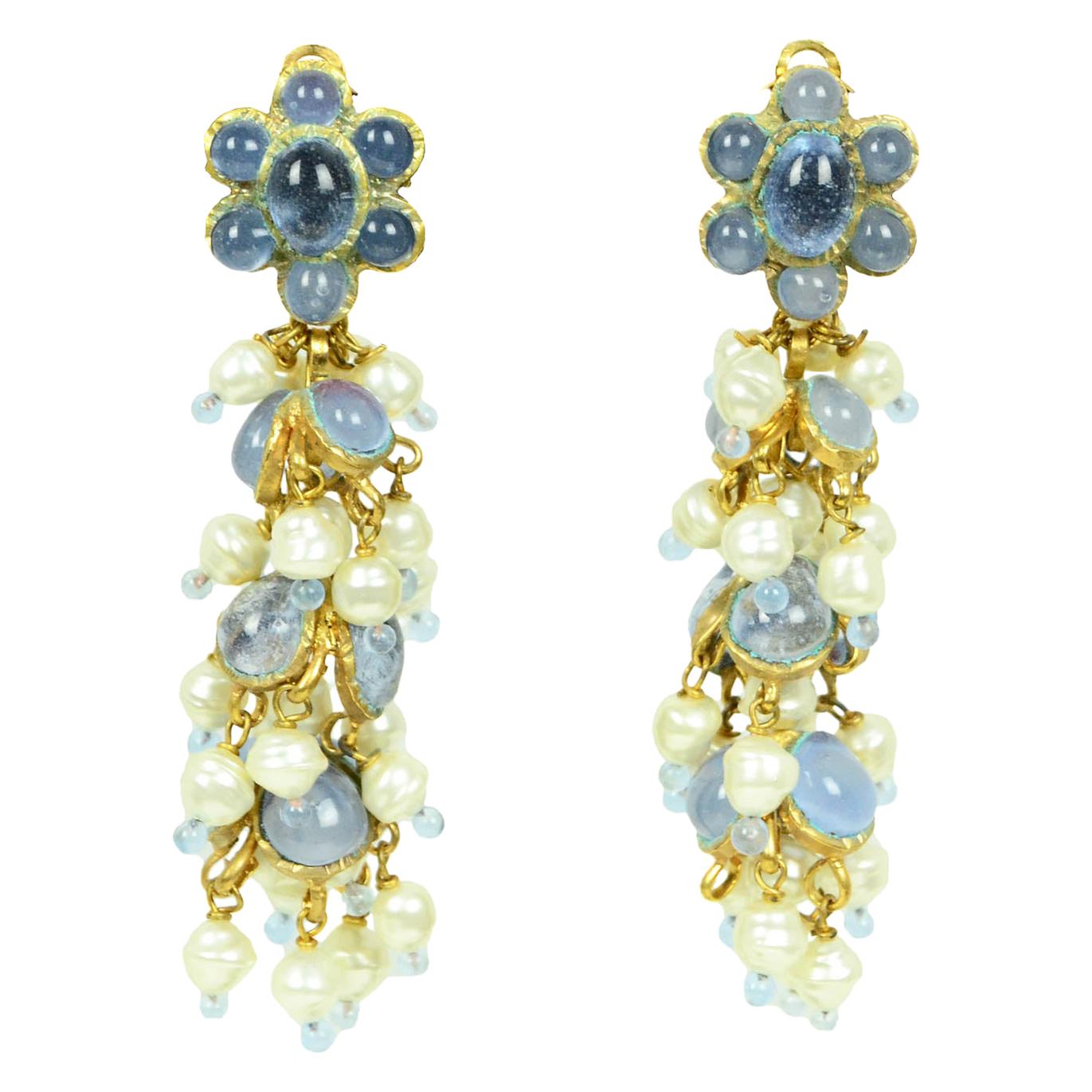 Chanel '90s Vintage Blue Gripoix & Faux Pearl Statement Earrings For Sale