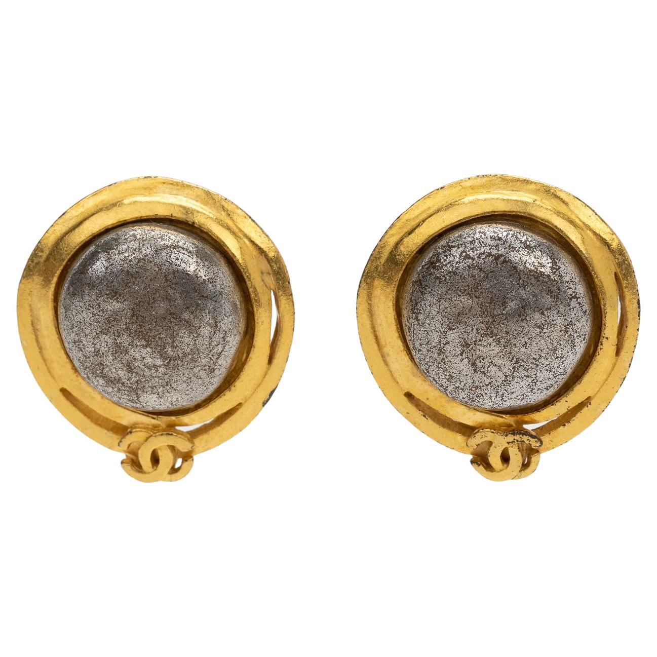Chanel 90s Vintage Clip Ons Silver Gold For Sale