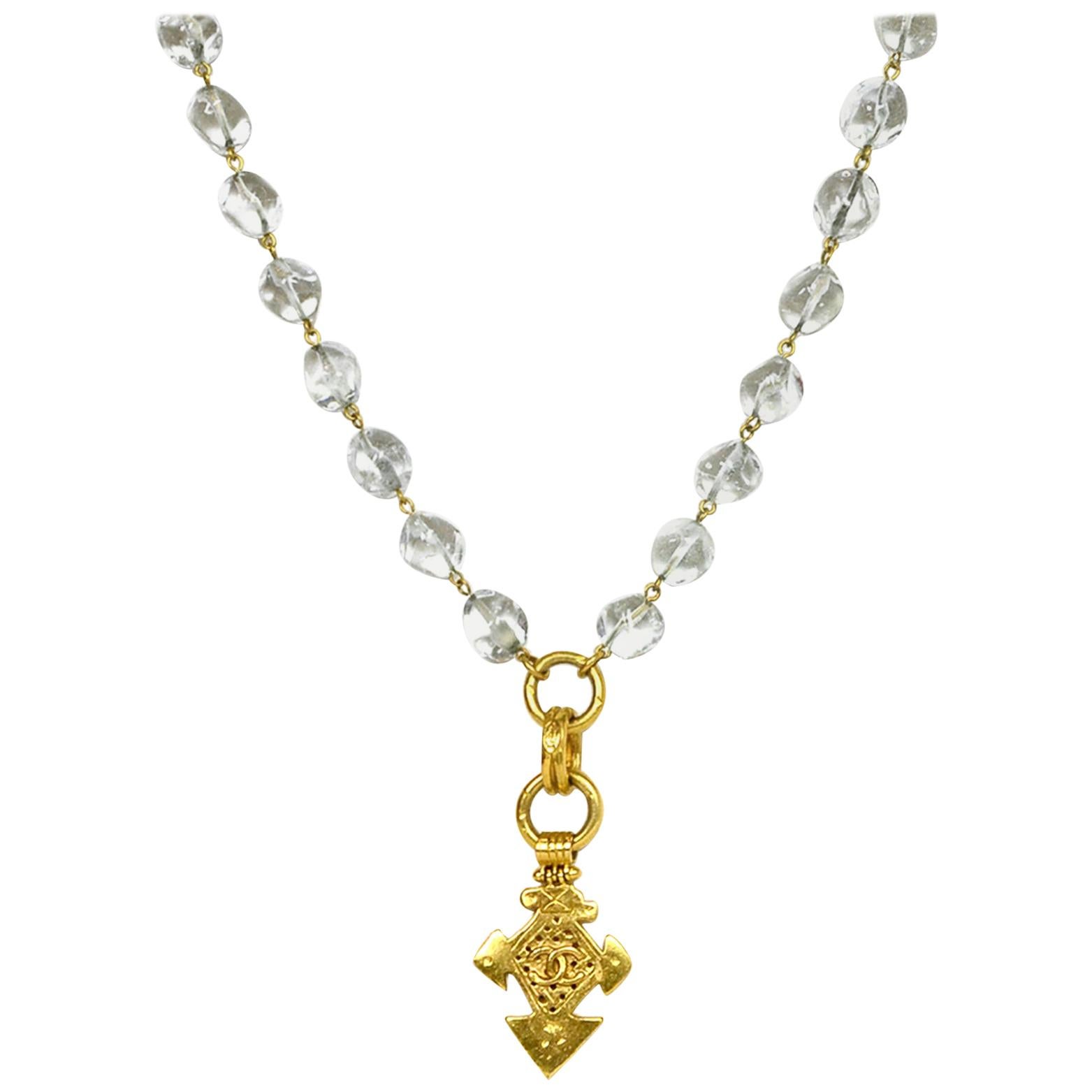 Chanel '90s Vintage Goldtone CC Pendant Necklace w/ Clear Beads