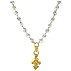 Chanel '90s Vintage Goldtone CC Pendant Necklace w/ Clear Beads