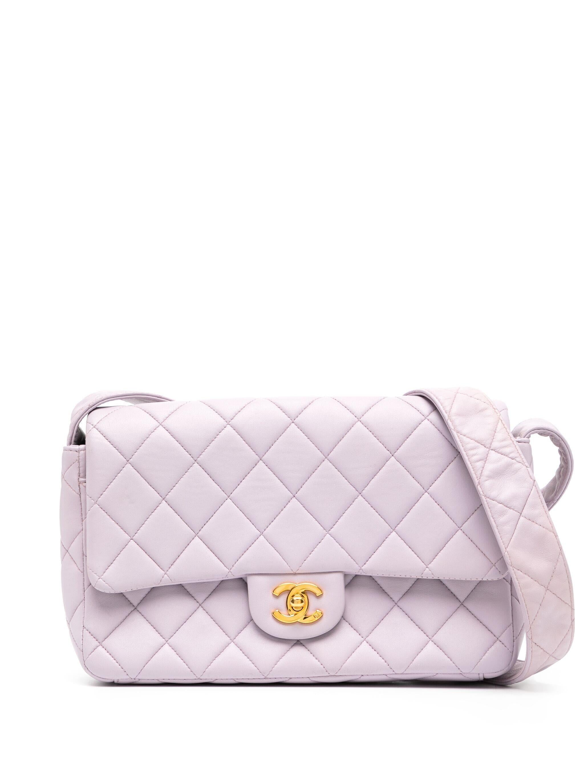Gray Chanel 90s Vintage Lambskin Quilted Medium Classic Flap Crossbody Pink Purple For Sale