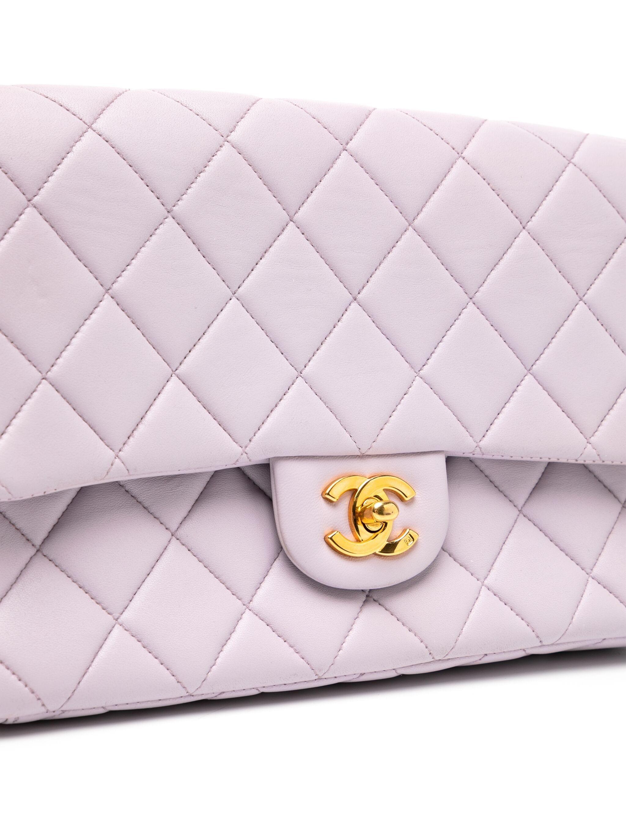 Chanel 90s Vintage Lambskin Quilted Medium Classic Flap Crossbody Pink Purple In Good Condition For Sale In Miami, FL