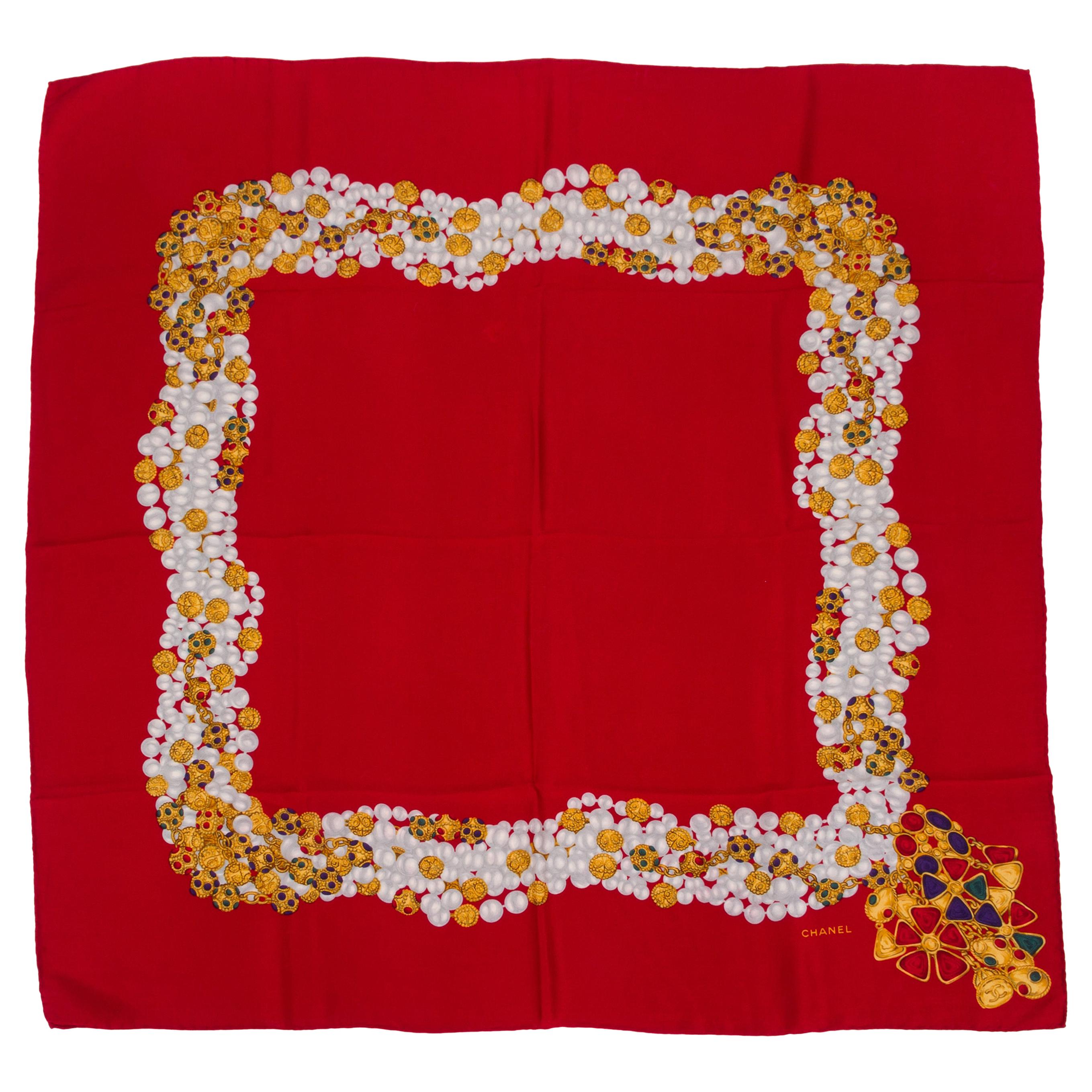 Chanel 90s Vintage Red Silk Pearls Twill Scarf