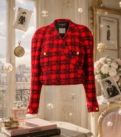 CHANEL 90s Vintage Relic Red Tweed Jacke mit Gürtel 42 FR